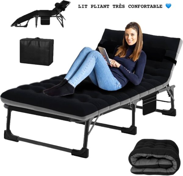 Lit Pliant de Camping Extérieur Robuste avec Matelas