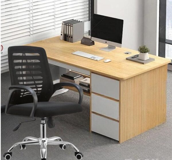 Bureau Moderne en Bois avec 3 Tiroirs + Chaise à Roulettes